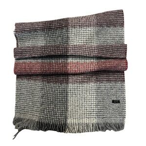 J.CREW oversized wool alpaca blend muted red and gray plaid scarf w/ fringe